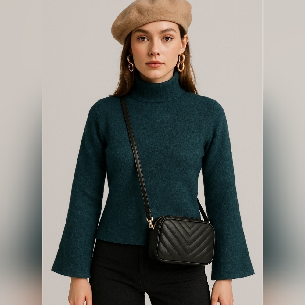 & Other Stories Sweater Mohair /Wool,Dark green Mock Neck, flared sleeve at hem